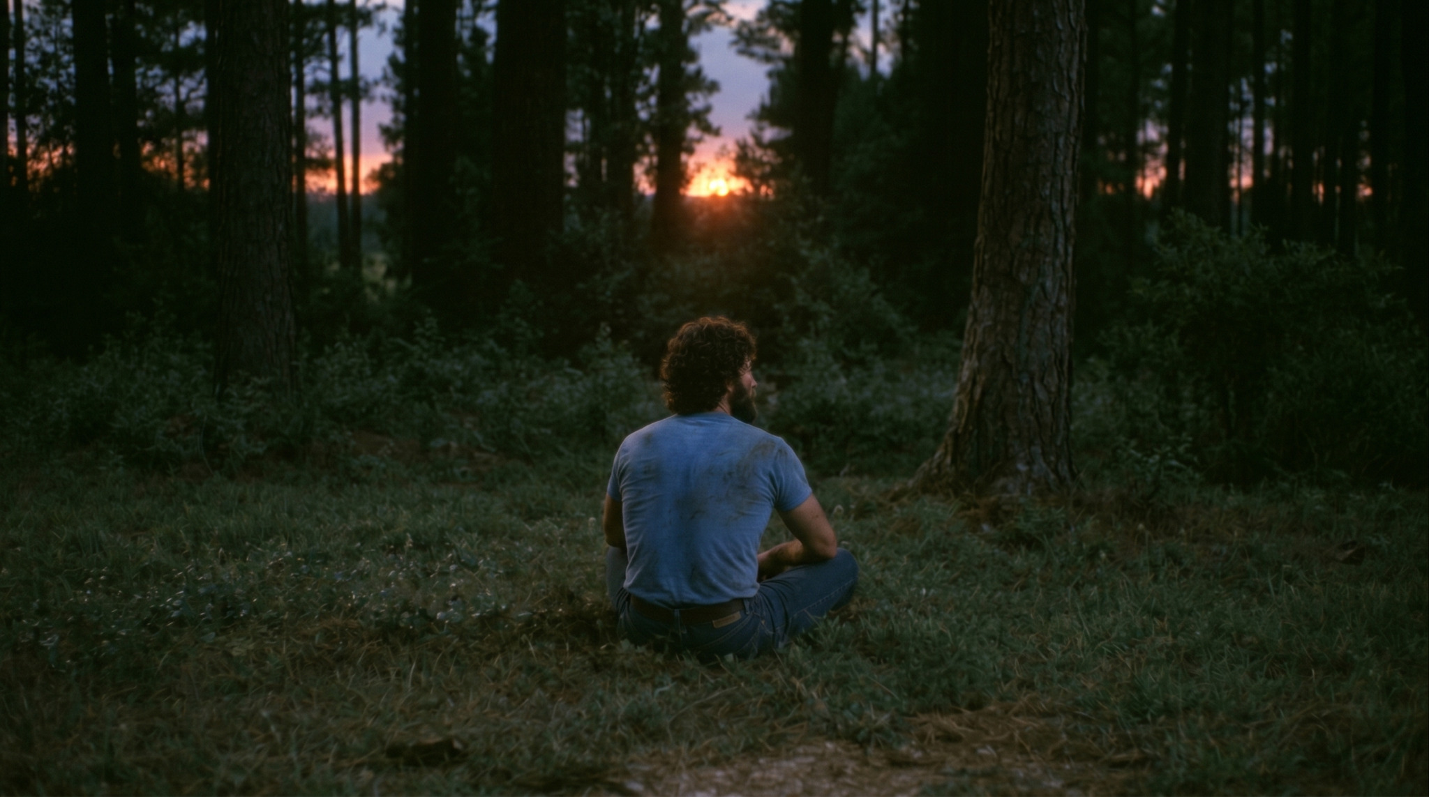 A lone man sitting in a forest at sunset in CRAFT (1979)